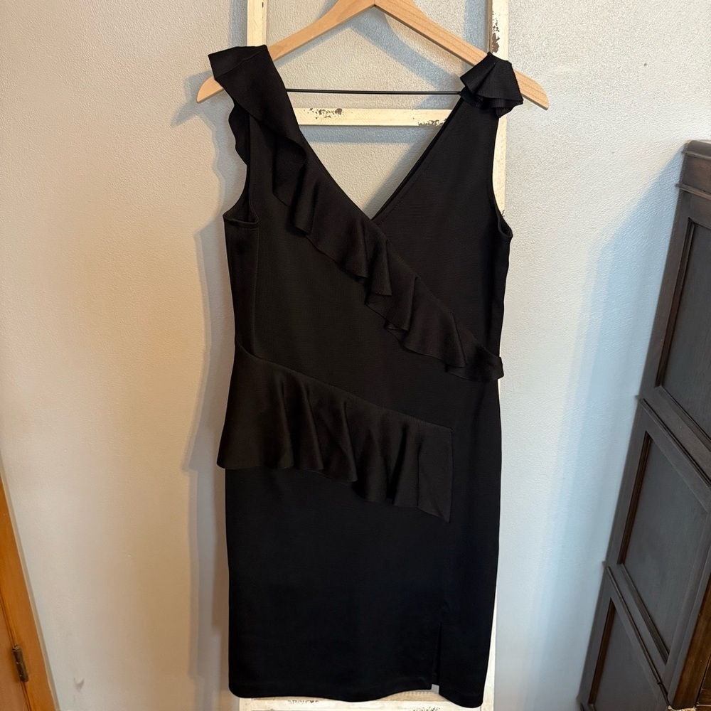 St. John Black Luster Knit Ruffle Cocktail Dress Size 8 Women